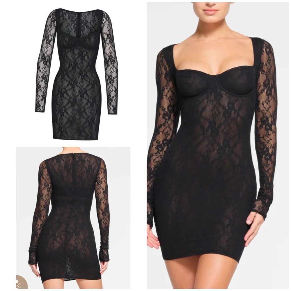 Skims Stretch Lace underwire Long Sleeve Dress in Onyx NWT